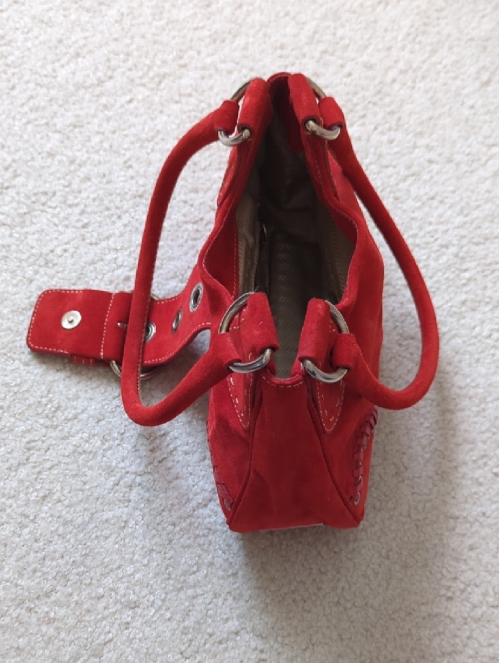 Prada Moon Red Suede Shoulder Bag with Silver-Tone Rings Like 🆕 - Picture 6 of 12